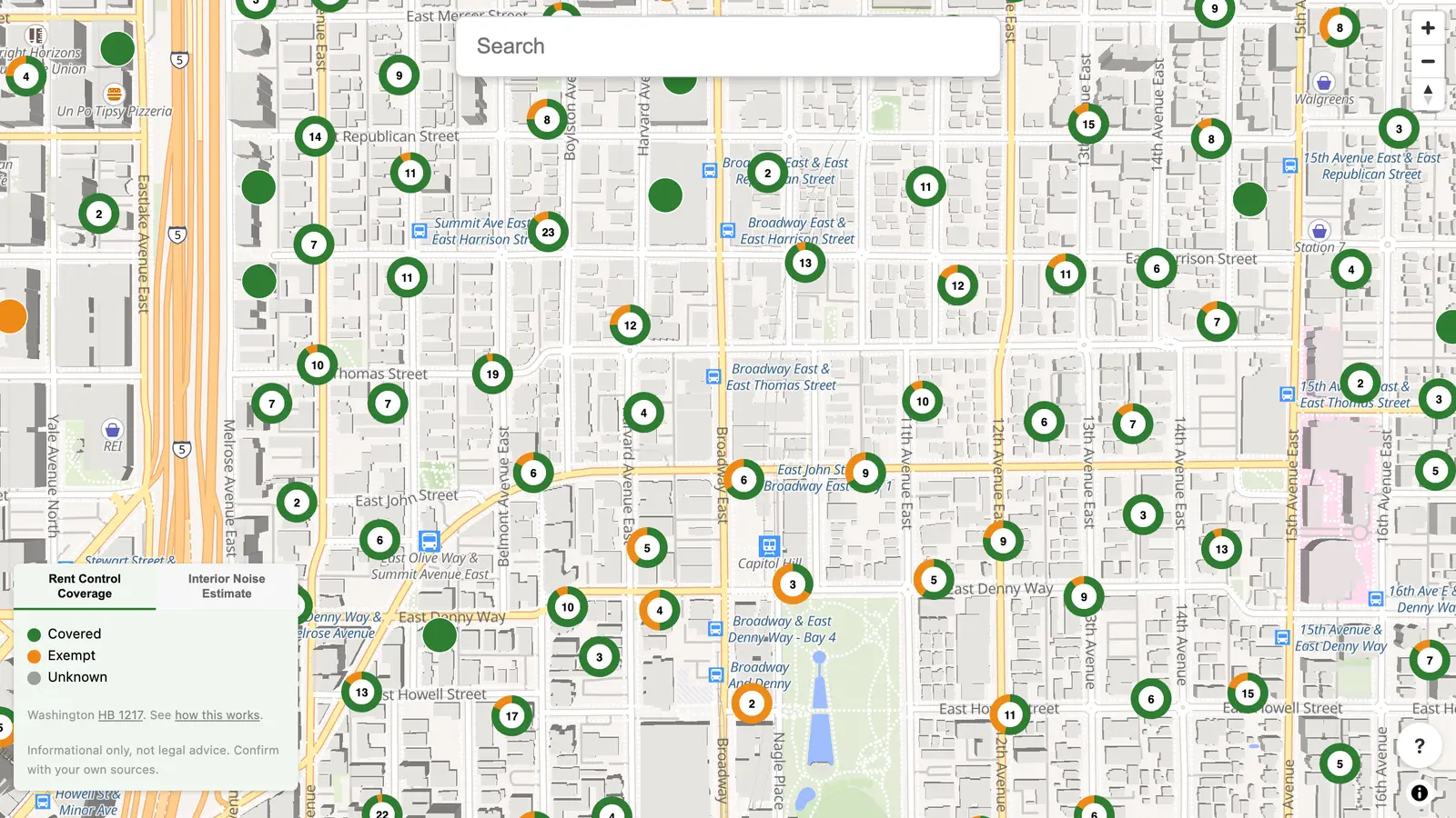 Map of Capitol Hill apartment buildings colored by rent control coverage